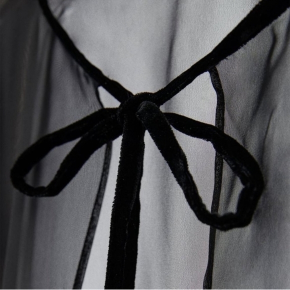 New Zara Chiffon Long Semi-Sheer Velvet Bow Tie Detail Black Cape - Picture 8 of 15